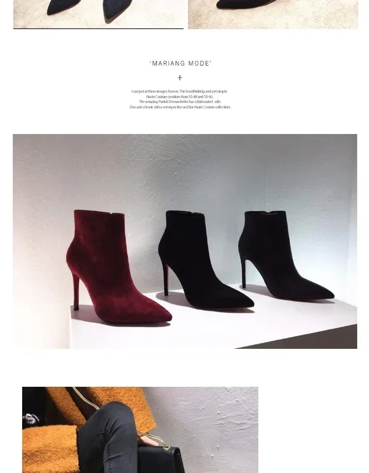 high heeled short boots  fashionable and sexy soft leather pointed thin heel side zipper and bare boots
