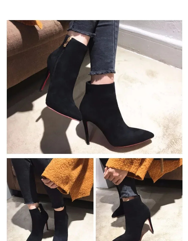 high heeled short boots  fashionable and sexy soft leather pointed thin heel side zipper and bare boots
