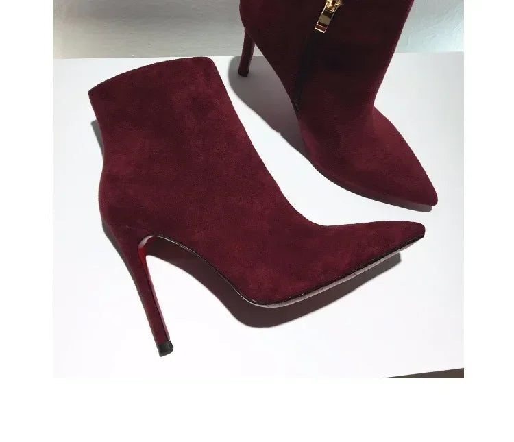 high heeled short boots  fashionable and sexy soft leather pointed thin heel side zipper and bare boots