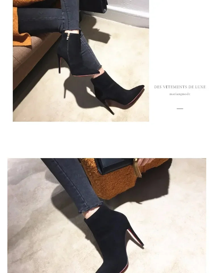 high heeled short boots  fashionable and sexy soft leather pointed thin heel side zipper and bare boots