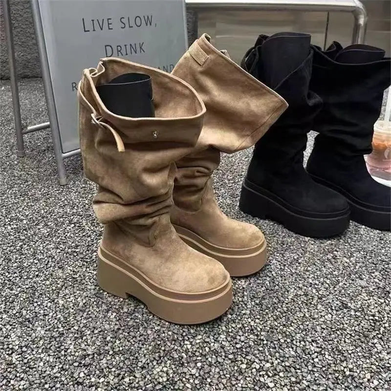 Women's Thick Heel Knee High Boots – Khaki & Black Western Style