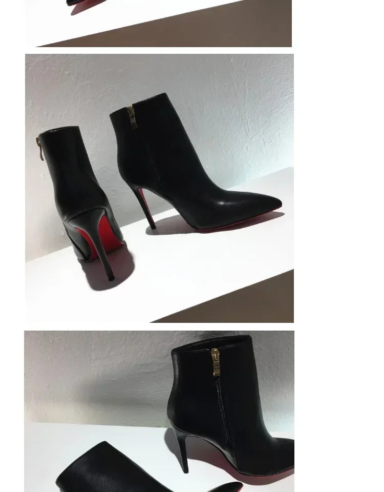 high heeled short boots  fashionable and sexy soft leather pointed thin heel side zipper and bare boots