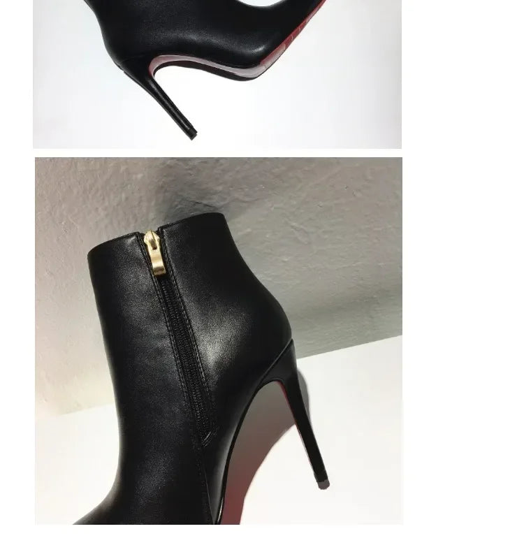 high heeled short boots  fashionable and sexy soft leather pointed thin heel side zipper and bare boots