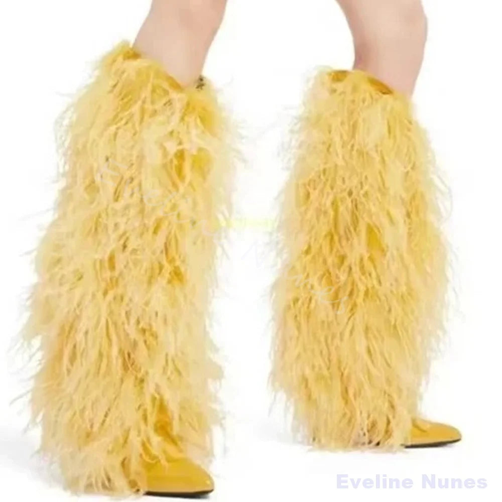 Black Hot Chic Furry Knee High Boots Women Sexy Pointed Thin Heel Fashion Boots Accept Customized Luxury Designer Runway Boots