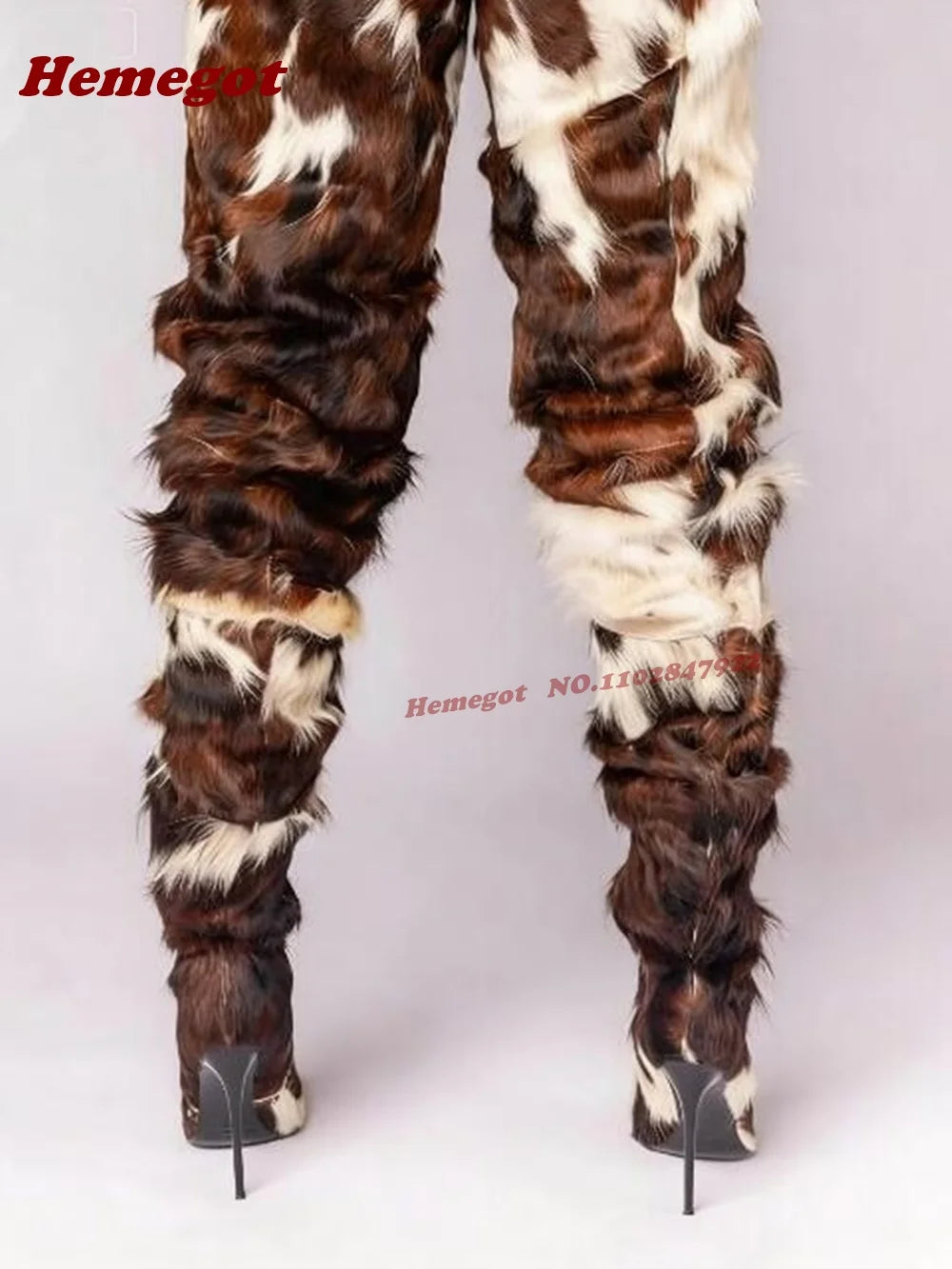 Horsehair Patchwork Thigh-High Stiletto Boots – Fur-Lined Over-the-Knee Women's Winter Boot