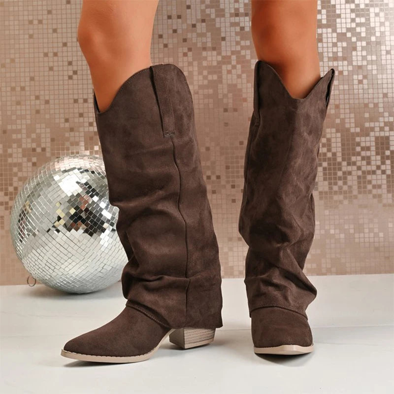 Thick Heel Suede Knee High Boots