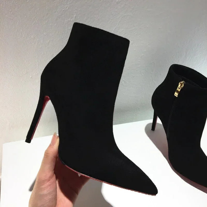 high heeled short boots  fashionable and sexy soft leather pointed thin heel side zipper and bare boots