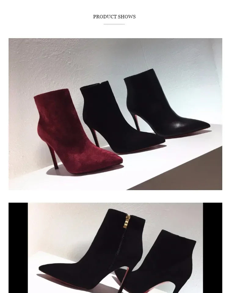 high heeled short boots  fashionable and sexy soft leather pointed thin heel side zipper and bare boots