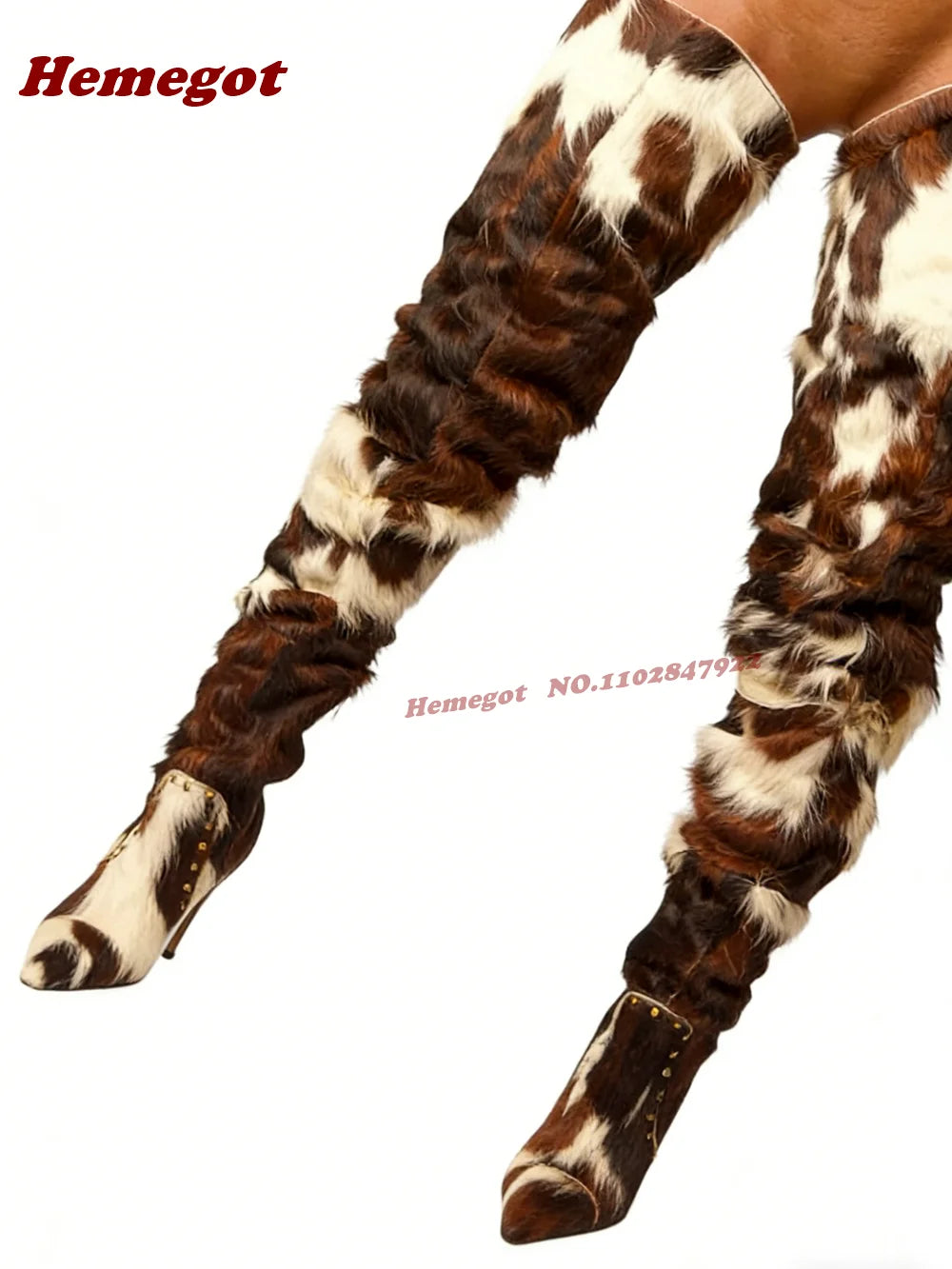 Horsehair Patchwork Thigh-High Stiletto Boots – Fur-Lined Over-the-Knee Women's Winter Boot