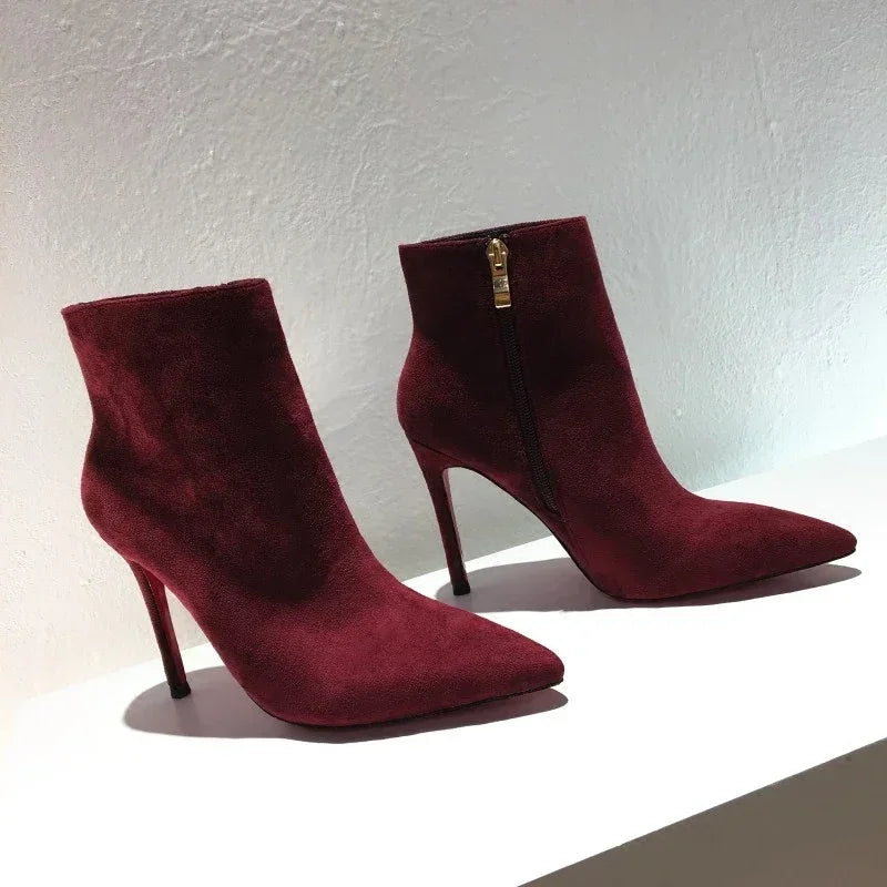 high heeled short boots  fashionable and sexy soft leather pointed thin heel side zipper and bare boots