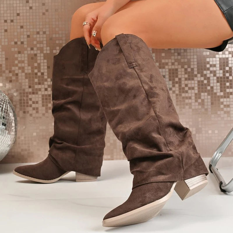 Thick Heel Suede Knee High Boots