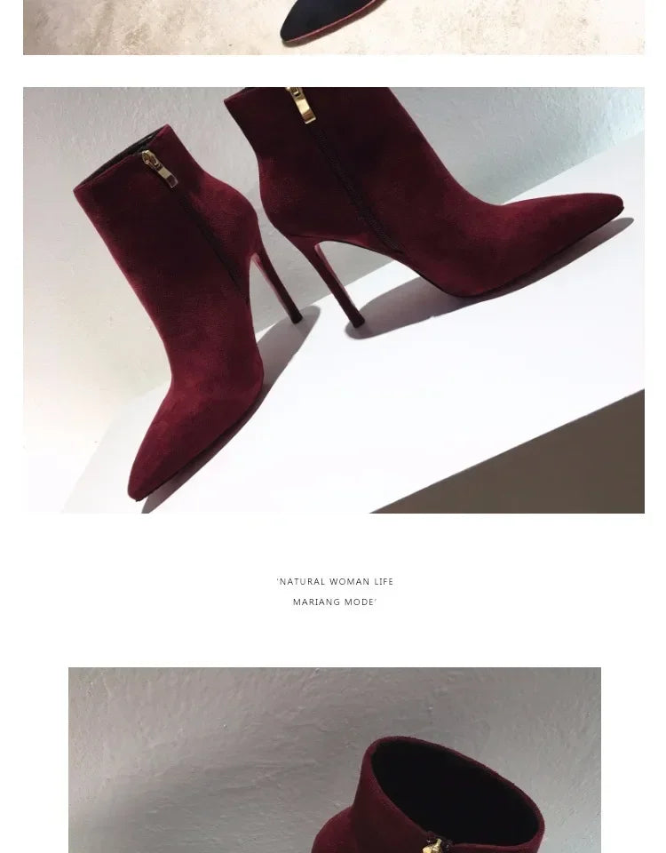 high heeled short boots  fashionable and sexy soft leather pointed thin heel side zipper and bare boots