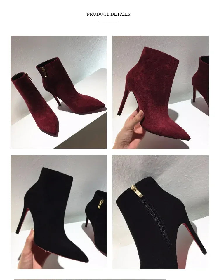 high heeled short boots  fashionable and sexy soft leather pointed thin heel side zipper and bare boots