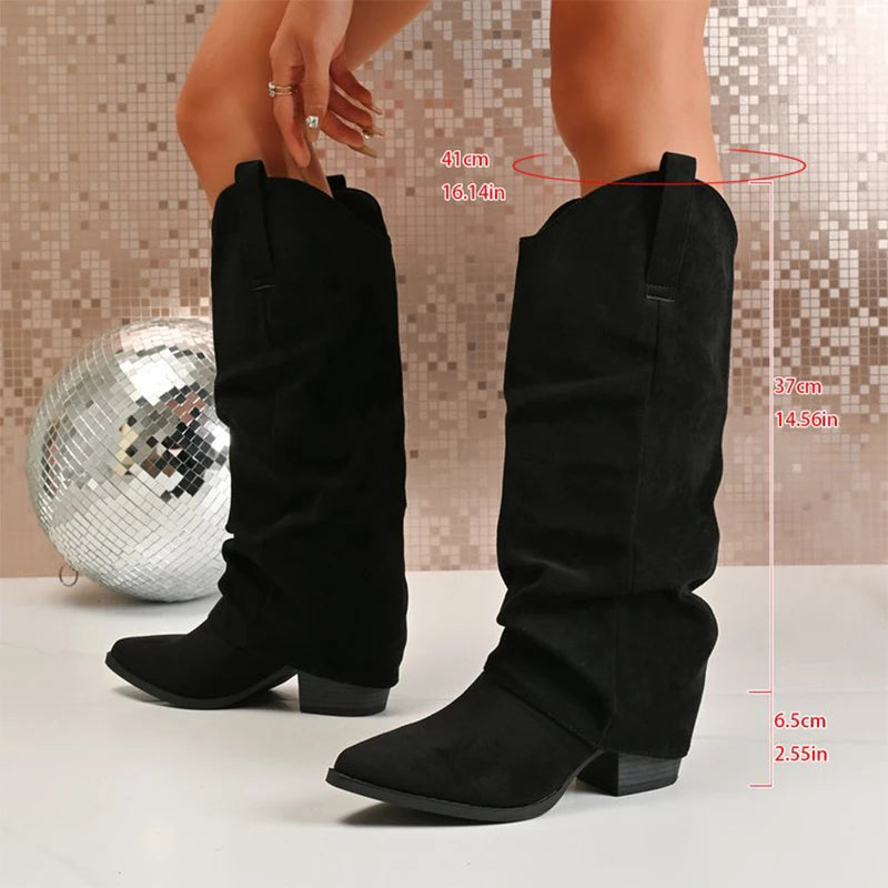 Thick Heel Suede Knee High Boots