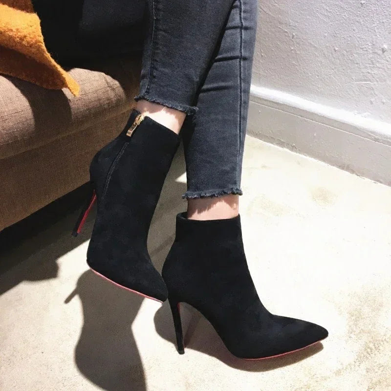 high heeled short boots  fashionable and sexy soft leather pointed thin heel side zipper and bare boots