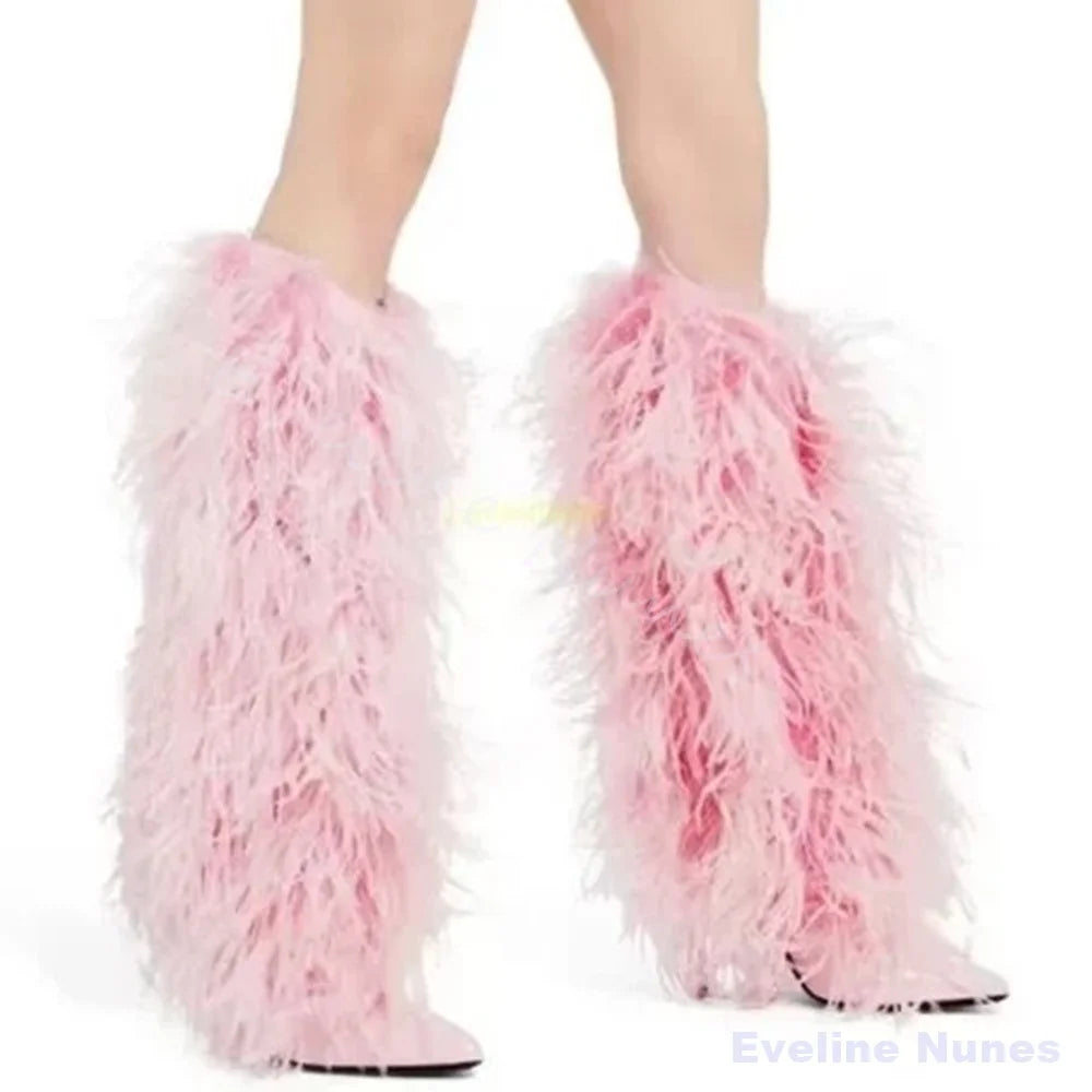 Black Hot Chic Furry Knee High Boots Women Sexy Pointed Thin Heel Fashion Boots Accept Customized Luxury Designer Runway Boots