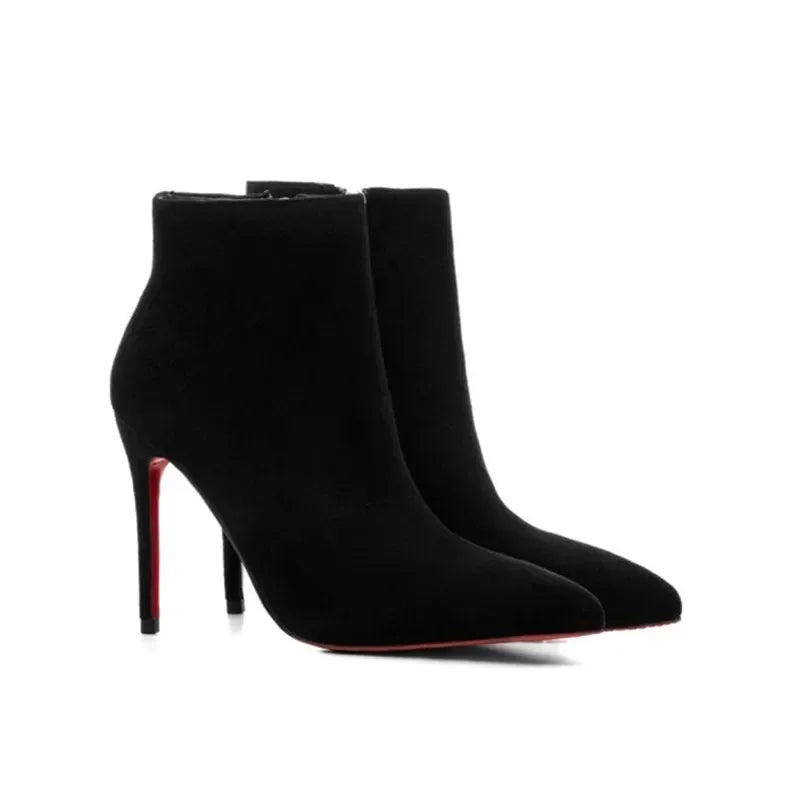 high heeled short boots  fashionable and sexy soft leather pointed thin heel side zipper and bare boots