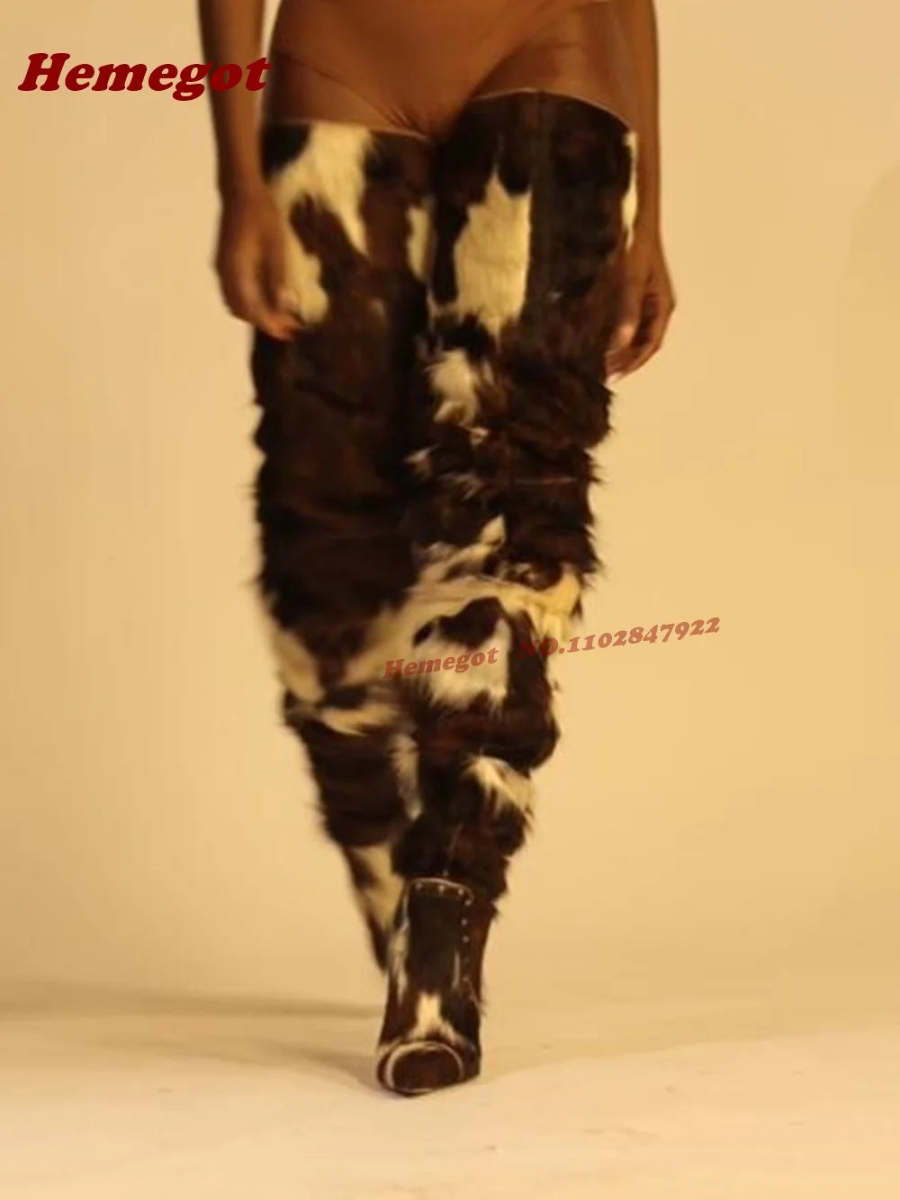 Horsehair Patchwork Thigh-High Stiletto Boots – Fur-Lined Over-the-Knee Women's Winter Boot