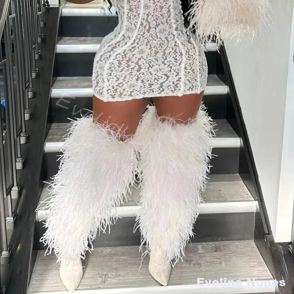 Black Hot Chic Furry Knee High Boots Women Sexy Pointed Thin Heel Fashion Boots Accept Customized Luxury Designer Runway Boots