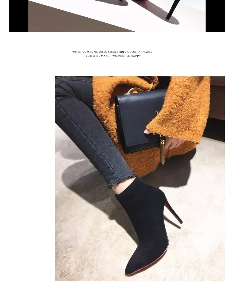high heeled short boots  fashionable and sexy soft leather pointed thin heel side zipper and bare boots